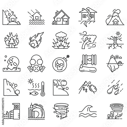 Line art icons representing natural disasters. Vector icons  various natural disasters including earthquakes, hurricanes, tornadoes, wildfires, floods and volcanic eruptions. Vector illustration.