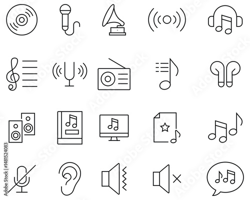 Simple Set of Music Related Vector Line Icons.  Related social media, video editing, photography, graphic design. Contains such as guitar, play, music note, sound, headphones, mic Vector.