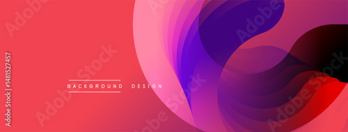 Abstract fluid shapes, vibrant colors, modern design. Red background complements purple, pink layers. Minimalist text present.