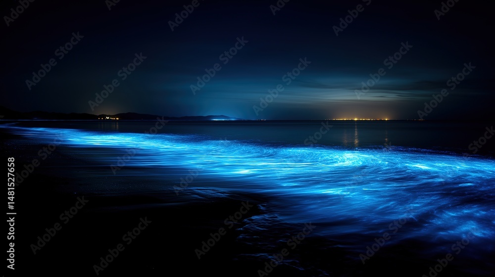 Fototapeta premium Bioluminescent waves glow electric blue under night sky, a mystical marine wonder