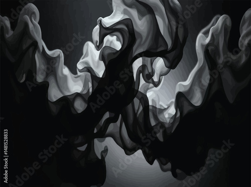 Dramatic abstract background with swirling white smoke or liquid paint on a dark black surface, intense artistic texture for bold graphic design.