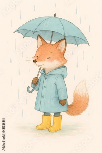 A charming anthropomorphic fox standing in a gentle spring rain, wearing a light blue raincoat and bright yellow rain boots, holding a teal umbrella above its head - painted in delicate pen-and-waterc