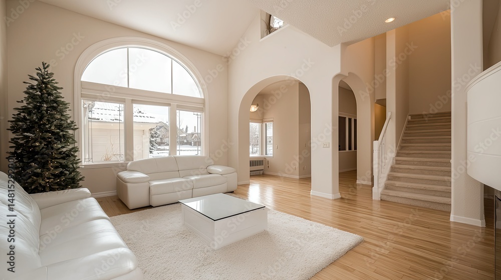 Fototapeta premium A spacious living room featuring large windows and a Christmas tree