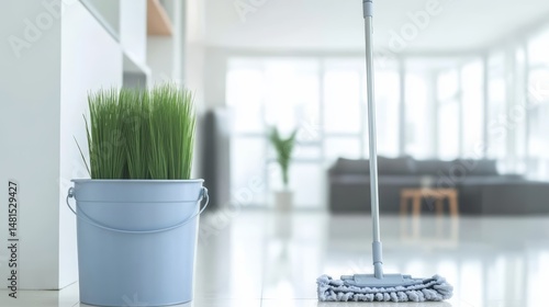 Mop and bucket in bright airy room: cleaning tools for hygiene household chores and maintaining a spotless home with modern interior design and minimalist background