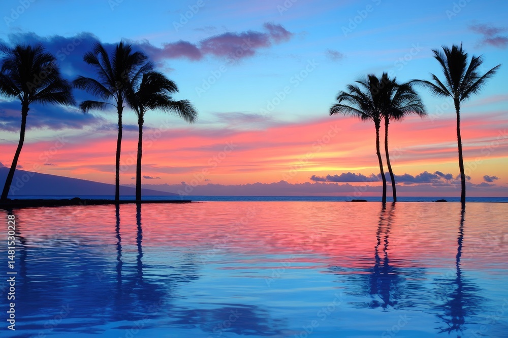 Serene tropical sunset reflected in calm pool. Palm trees silhouette against vibrant sky Serene tropical sunset reflected in calm pool. Palm trees silhouette against vibrant sky