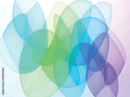 Abstract background with overlapping translucent shapes in blue and green tones, creative geometric composition for modern graphic design and soft visual textures.