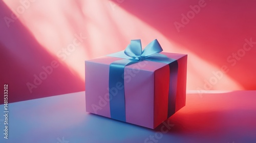 Wallpaper Mural Pink Gift Box with Blue Ribbon  Pastel Background  Present Torontodigital.ca