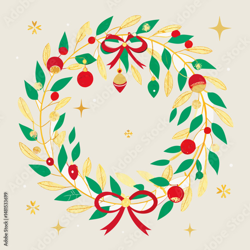Elegant Christmas wreath with golden leaves and pastel ornaments, perfect for festive decor and seasonal designs.