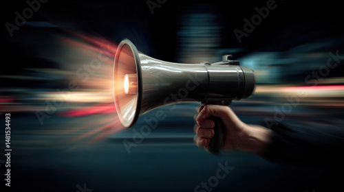 High-detail image of hand and megaphone in motion blur, conveying action, urgency, and dynamic sales activation