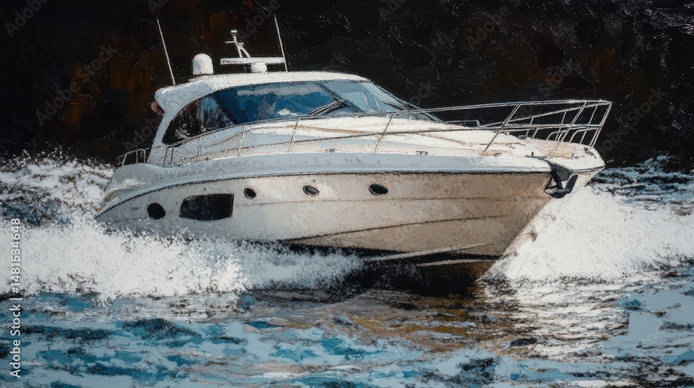 Fototapeta premium Luxury Yacht Speeding on Water Ocean Motorboat Fast Boat