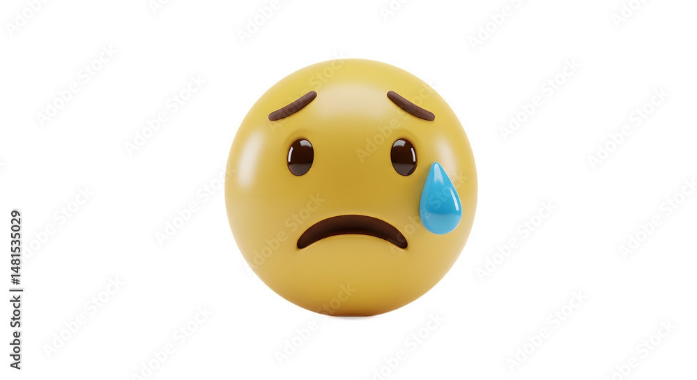 Fototapeta premium Sad Crying Emoji with Tear Falling Down on White Background