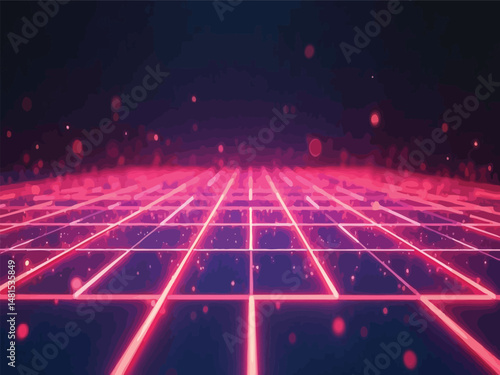 Retro 80s synthwave background with glowing purple and pink neon grid floor extending to the horizon, nostalgic digital landscape for futuristic and vaporwave aesthetics.