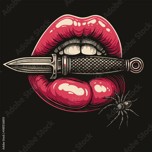 Red Lips Holding Dagger with Spider Graphic on Black Background