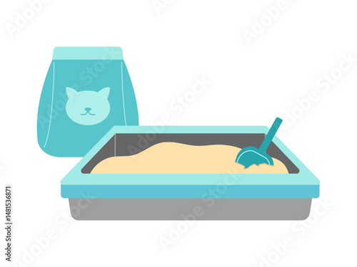 Modern cat litter box with a sleek teal design, featuring a cute cat face on the lid. Ideal for pet care and veterinary illustrations.