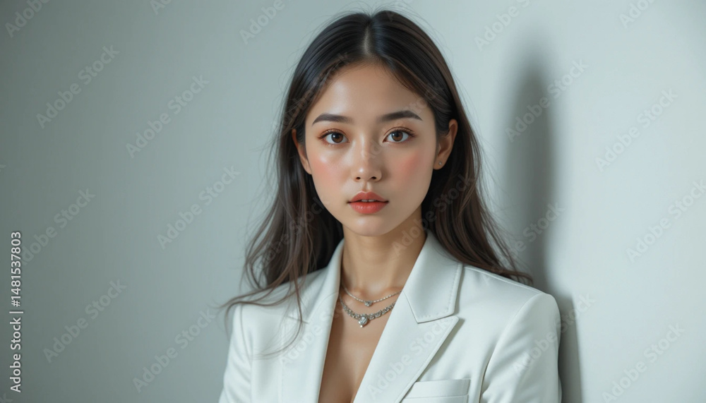 Portrait of Asian Woman Wearing White Blazer in Professional Setting Portrait of Asian Woman Wearing White Blazer in Professional Setting