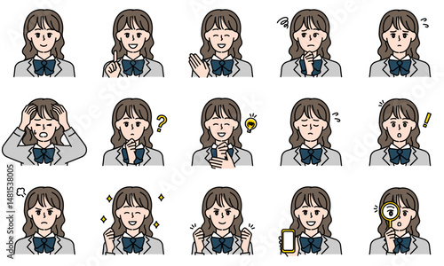 表情とポーズで感情を表すカジュアルな高校生の女の子のイラストセット