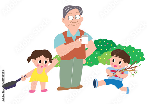 キャンプでコーヒーカップを持つお父さんと子供たち
