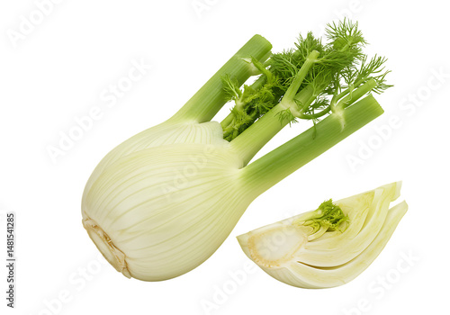Close-up  shot of a whole and sliced fennel bulb with its bright green stalks and white, segmented core.