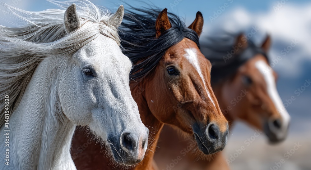 Fototapeta premium Three horses of different colors run against the sky, one white and two brown with black manes