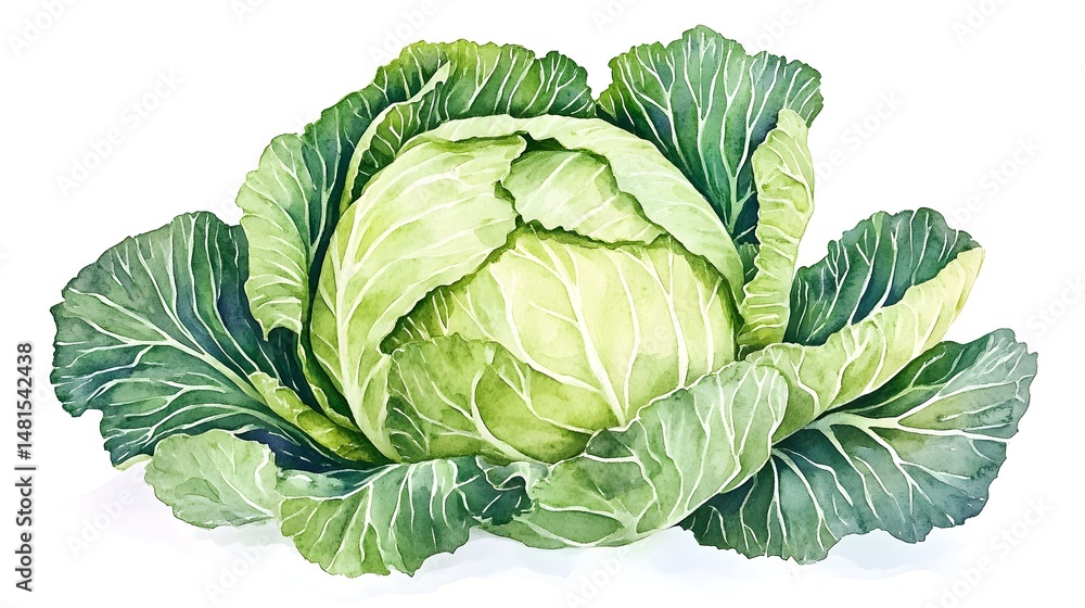 Obraz premium Detailed illustration of a head of fresh cabbage.