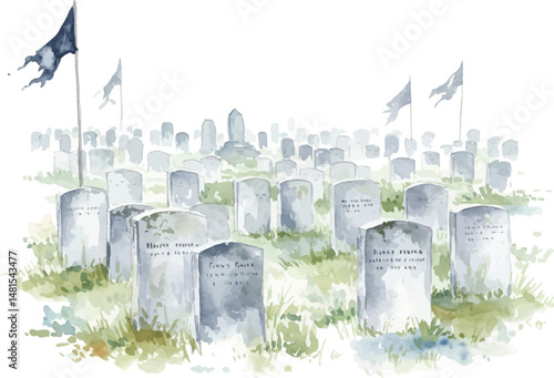 Watercolor Cemetery with Gravestones