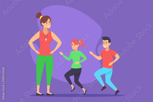 Group of children energetically participating in physical education class led by instructor. Instructor guiding students in exercises while promoting fitness and fun