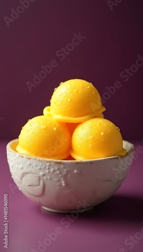 Three scoops of bright yellow mango sorbet on a textured ceramic bowl placed on a contrasting deep purple surface, capturing the icy dessert's freshness and summery appeal.

