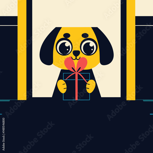 Adorable cartoon puppy holding a Valentine’s gift in its mouth, perfect for love, romance, and holiday-themed designs.