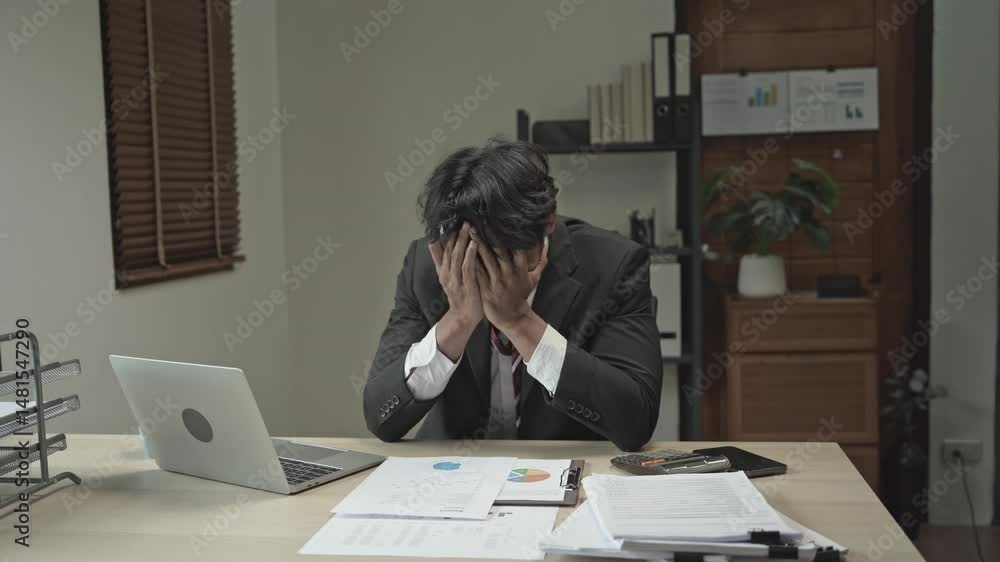 Burnout concept. Asian Business man touching forehead having headache boring job and tired emotional pain and professional person depressed over risk Burnout concept. Asian Business man touching forehead having headache boring job and tired emotional pain and professional person depressed over risk
