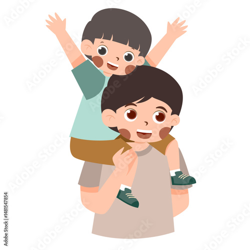 Piggyback Ride: Happy Boy on Father's Shoulders, Cheerful Family Moment Cartoon Style.