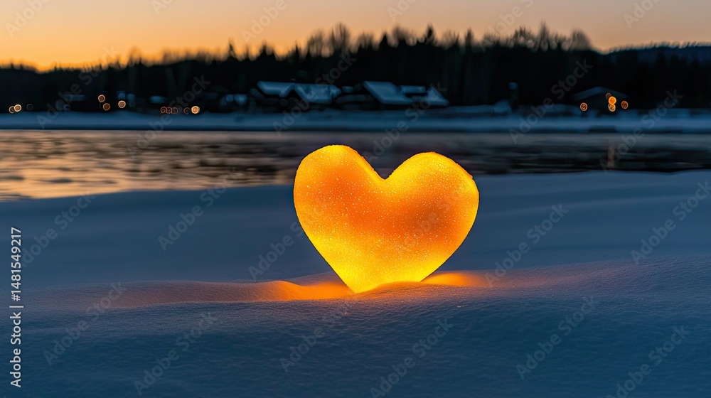 Fototapeta premium An illuminated heart shape resting in snowy landscape at sunset