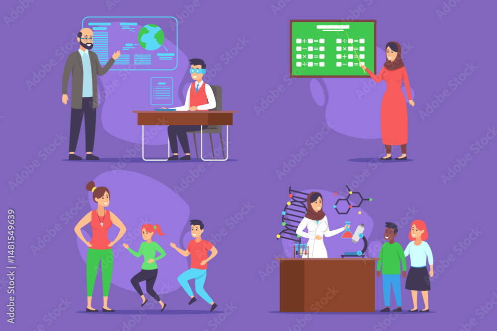 Various educational settings, including classroom with teacher and students, science lab, and physical education activities