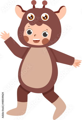 Child in Brown Animal Costume Waving and Smiling.