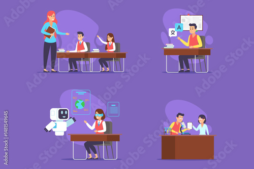 Educational collection of diverse activities in classroom setting. Teacher interacting with students, robot assisting learning, and collaborative projects
