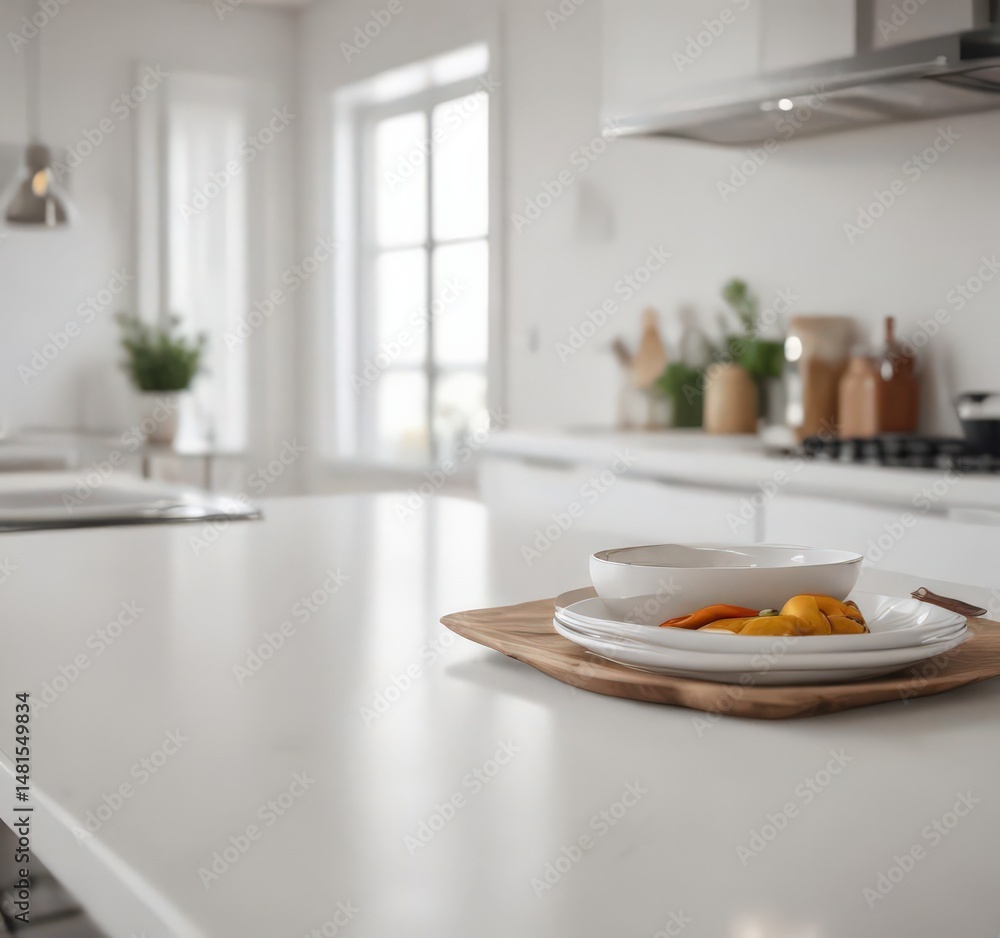 Modern white tabletop, soft-focus kitchen scene, still life, top Modern white tabletop, soft-focus kitchen scene, still life, top
