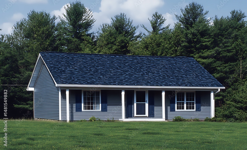 Home Exterior View with Blue Roof, Vinyl Siding, Porch, Green Lawn and Forest Trees Home Exterior View with Blue Roof, Vinyl Siding, Porch, Green Lawn and Forest Trees