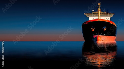 A large ship is sailing across the calm open ocean waters
