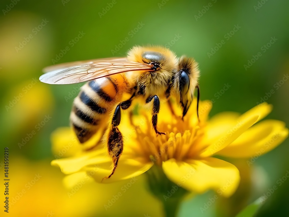 Close-up of honeybee on yellow flower, macro shot, collecting pollen, vivid colors, blurred background, detailed wings, natural lighting, shallow depth of field Close-up of honeybee on yellow flower, macro shot, collecting pollen, vivid colors, blurred background, detailed wings, natural lighting, shallow depth of field