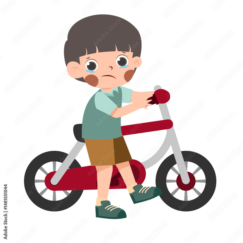 Sad young boy with tears on a small bicycle, vector illustration. Sad young boy with tears on a small bicycle, vector illustration.