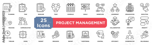project management  icon collection set. Containing planning,task,deadline,team,schedule,goal,workflow,leadership,organization,execution icon. Simple line vector.	