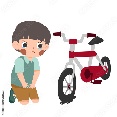 Upset Boy Kneeling Beside Damaged Bicycle, Tears, Illustration.