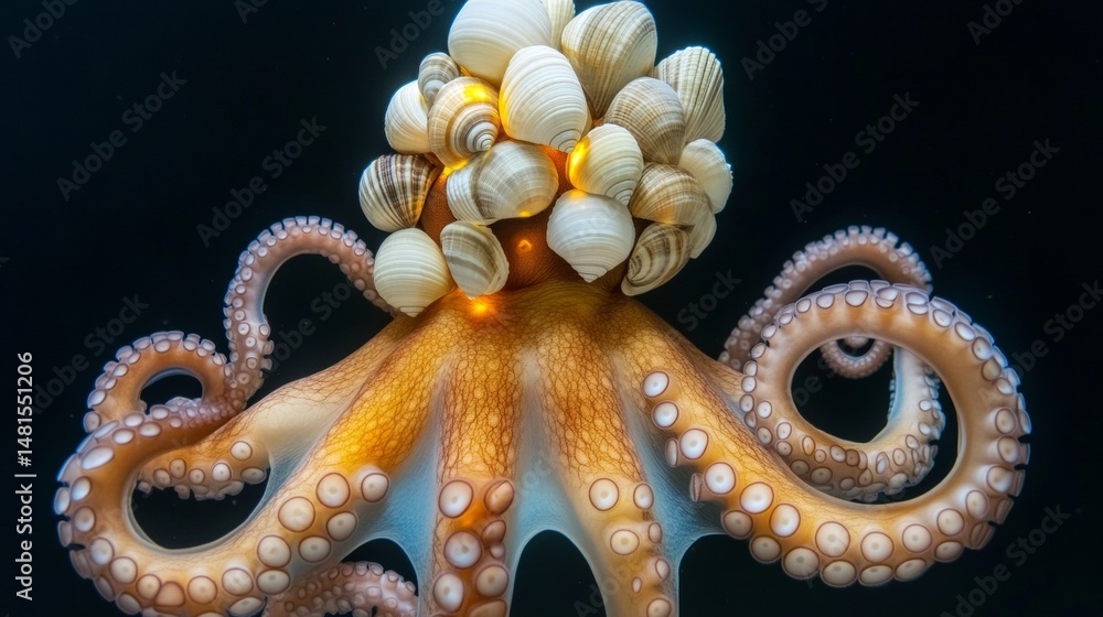 Fototapeta premium Underwater octopus portrait with seashell crown: a stylized marine creature with bioluminescent details against a dark background 