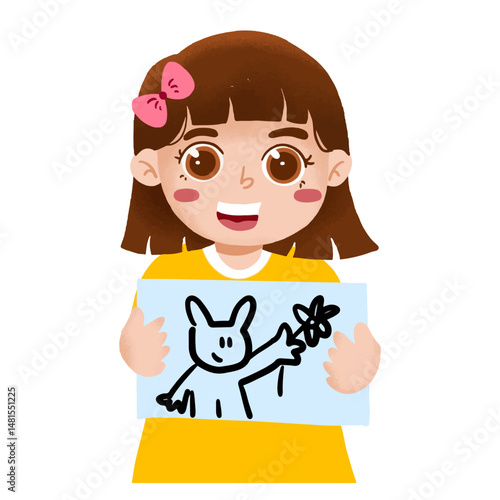 Smiling Girl with Cartoon Animal Drawing, Flower Gift, Simple Illustration.