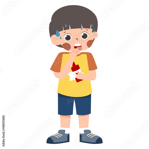 Spicy Food Reaction: Sweaty Boy with Chili Sauce, Cartoon Style.