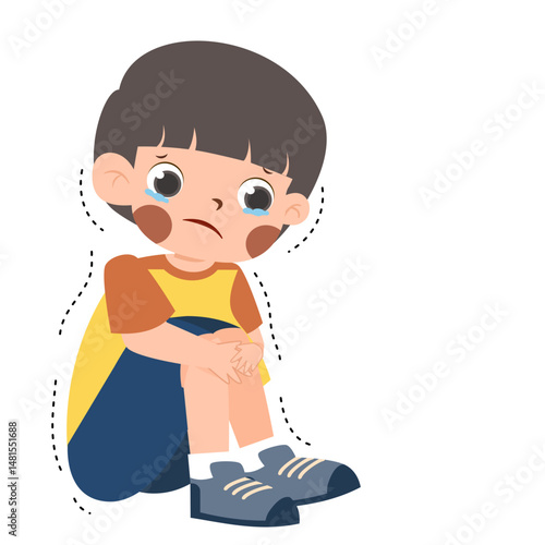 Sad Boy Crying, Hugging Knees, Shivering, Cartoon Illustration on White.
