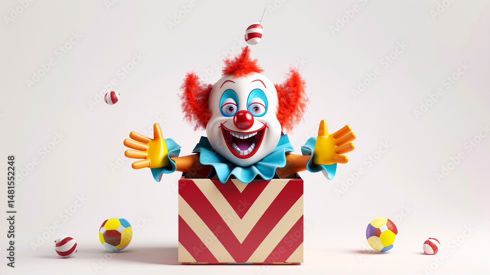Naklejka premium Playful jack-in-the-box with Charlie the Clown popping out. Fun and whimsical!