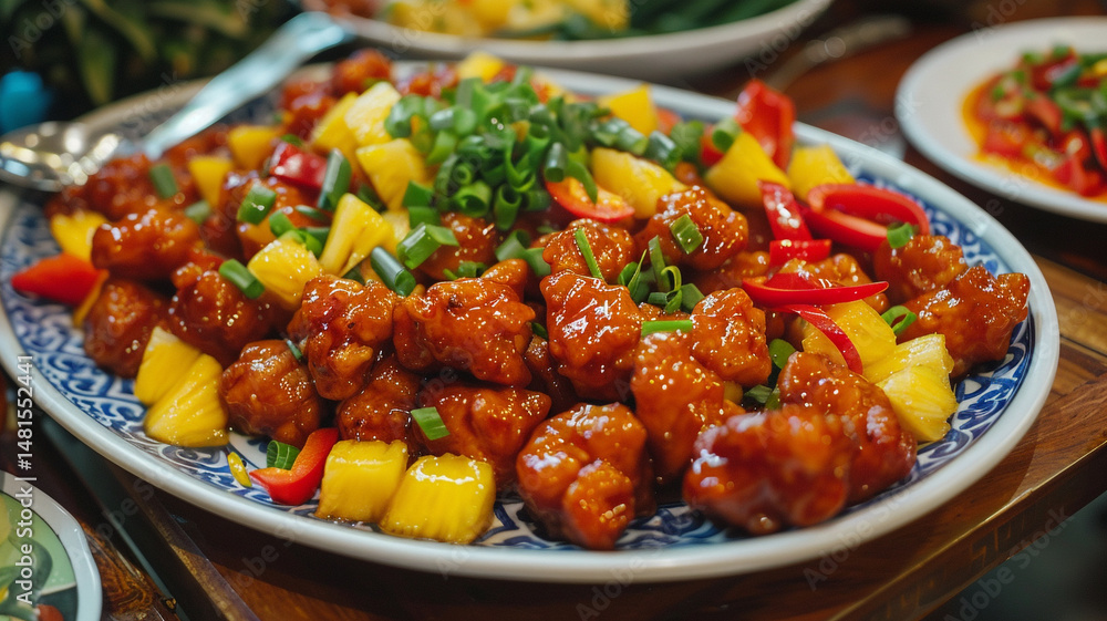 Classic sweet and sour chicken with pineapple and peppers. A popular Chinese takeout dish. Classic sweet and sour chicken with pineapple and peppers. A popular Chinese takeout dish.
