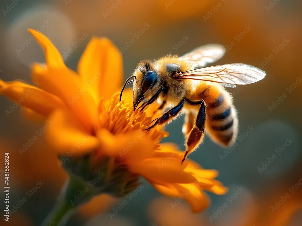 Close-up of honeybee on yellow flower, macro shot, collecting pollen, vivid colors, blurred background, detailed wings, natural lighting, shallow depth of field Close-up of honeybee on yellow flower, macro shot, collecting pollen, vivid colors, blurred background, detailed wings, natural lighting, shallow depth of field