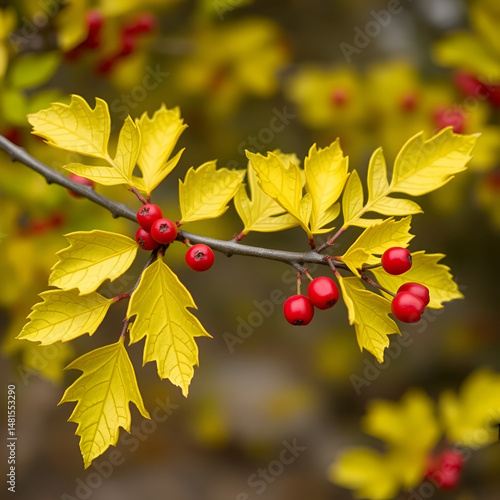 Beautiful branch of Cotoneaster divaricatus Rehder & E.H.Wilson in autumn. Selective focus on green-yellow leaves and red fruits of Divaricate cotoneaster
