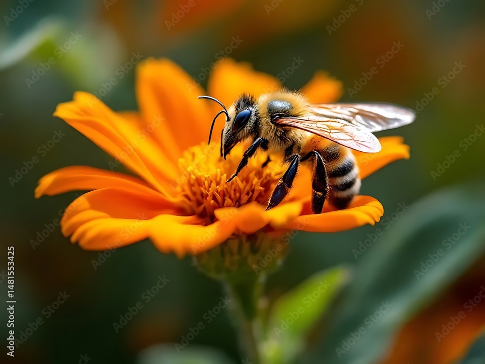 Close-up of honeybee on yellow flower, macro shot, collecting pollen, vivid colors, blurred background, detailed wings, natural lighting, shallow depth of field Close-up of honeybee on yellow flower, macro shot, collecting pollen, vivid colors, blurred background, detailed wings, natural lighting, shallow depth of field